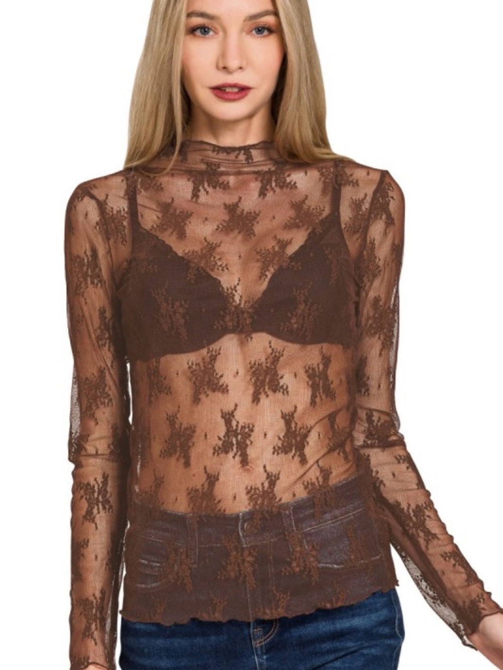 Sheer Floral Lace Long-Sleeve Top - Brown